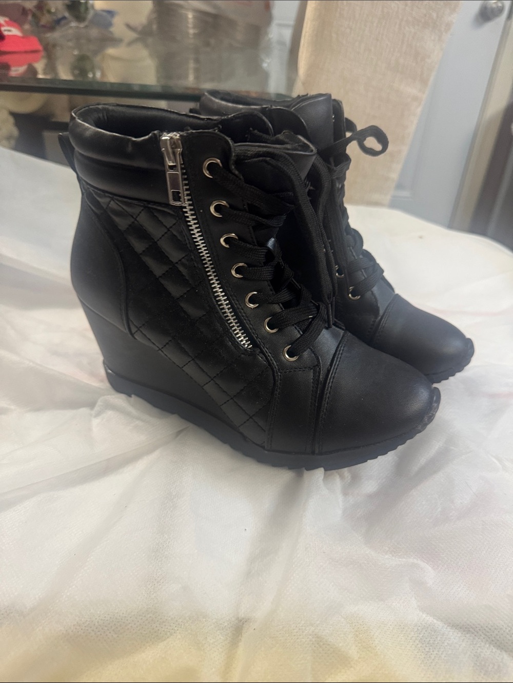 Forever Black Quilted Lace-Up Wedge Ankle Boots with Side Zip